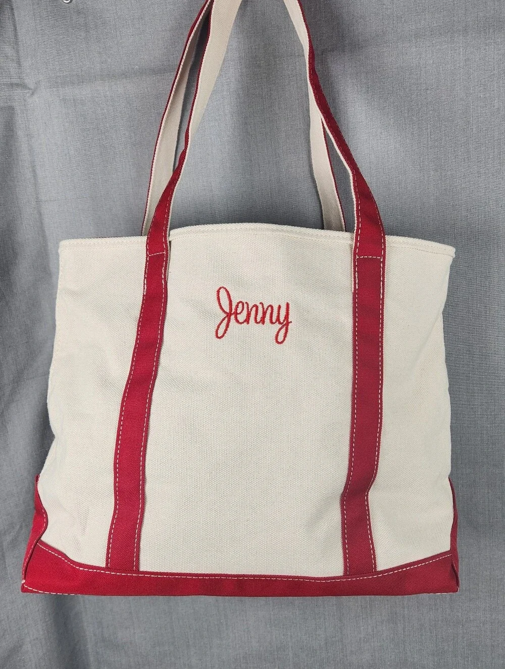 Canvas Tote Bag Embroidered "Jenny" Zipper Closure Vinyl Lining Medium Size Red - Picture 1 of 12